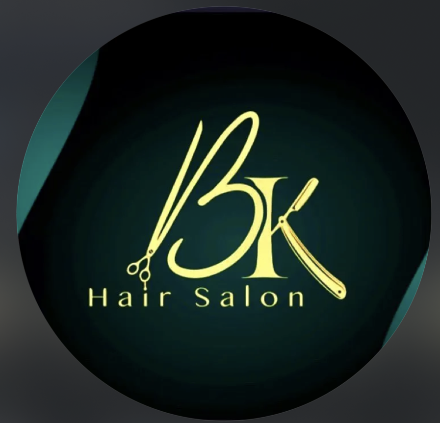 BK Hair Salon emblem: gold scissors and straight razor forming the letters B and K